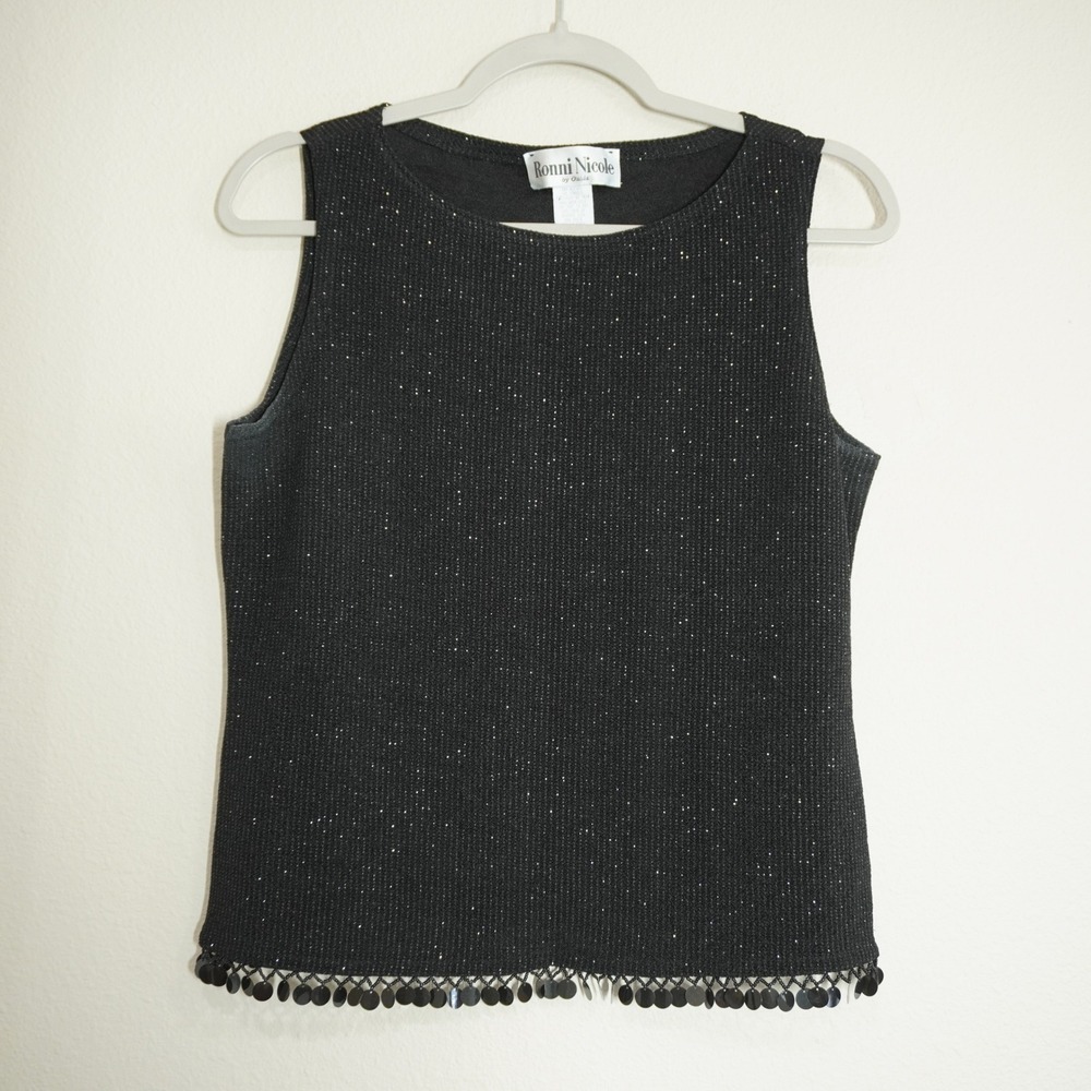 Vintage Ronni Nicole Black Metallic Shimmer Sleeveless Coin Fringe Hem Knit Top